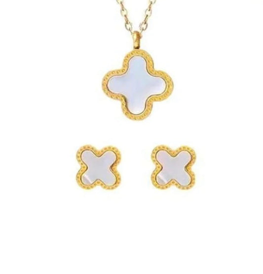 Four Leaf Clover 2 Sided Pendant With Ear Studs (White) 2Pcs Set