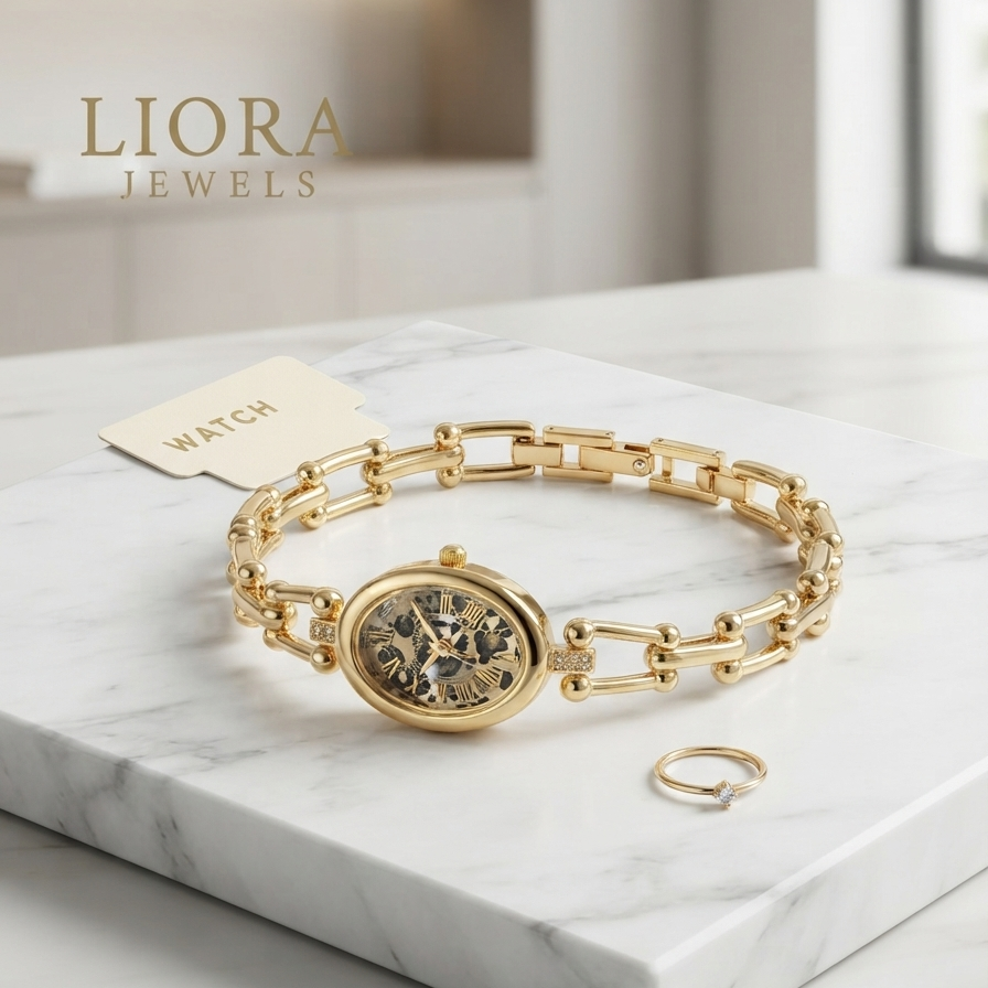 Anti-Tarnish Gold Plated Leopard Dial Chain Watch Bracelet | liora jewels