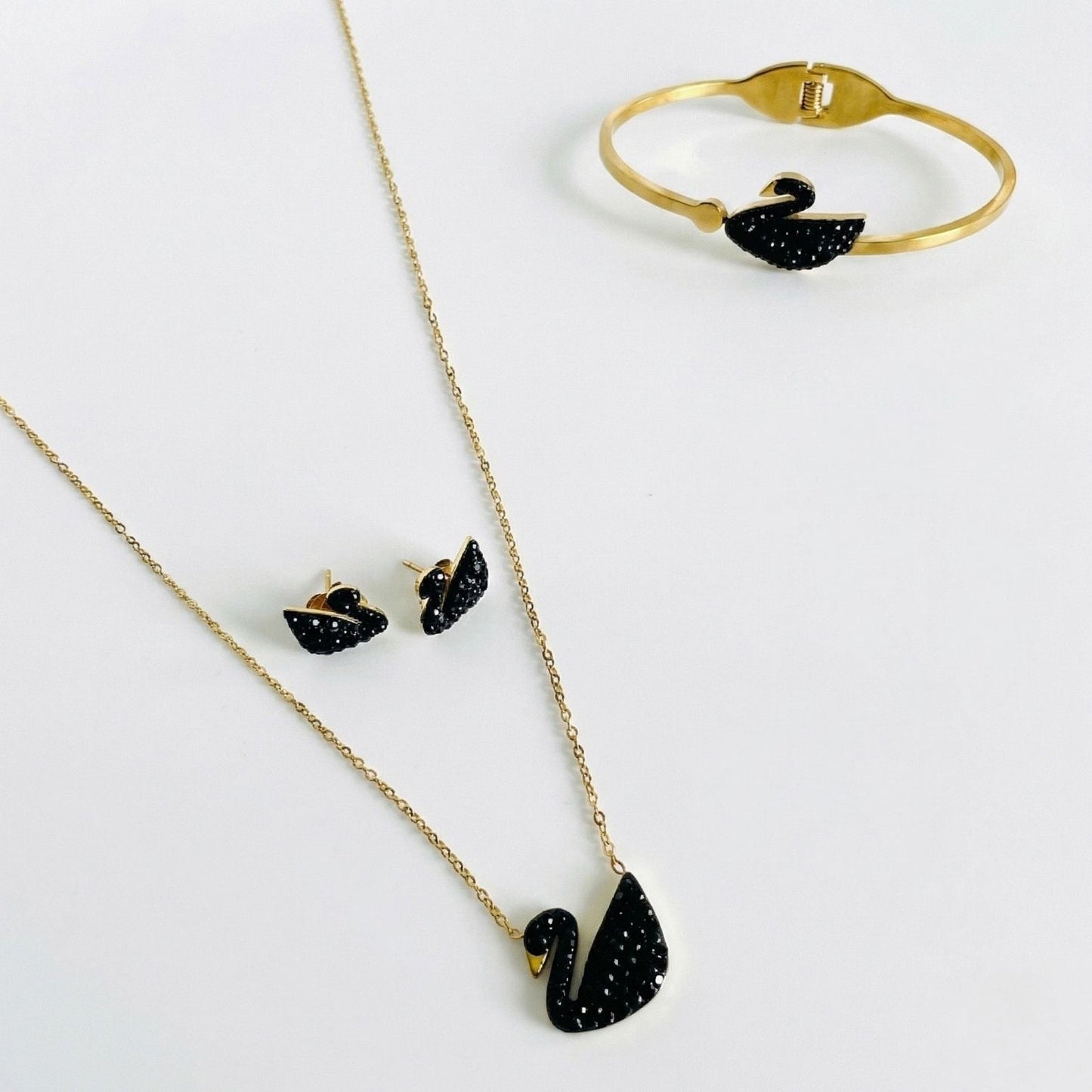 Stainless Swan Bangle, Earring And Necklace Set