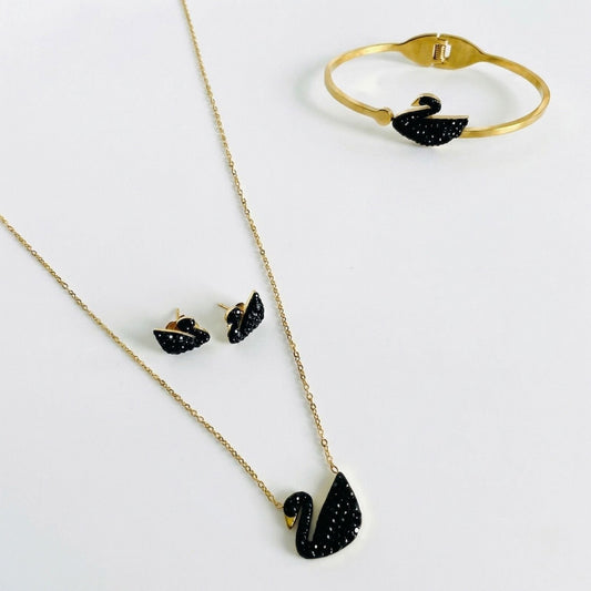 Stainless Swan Bangle, Earring And Necklace Set
